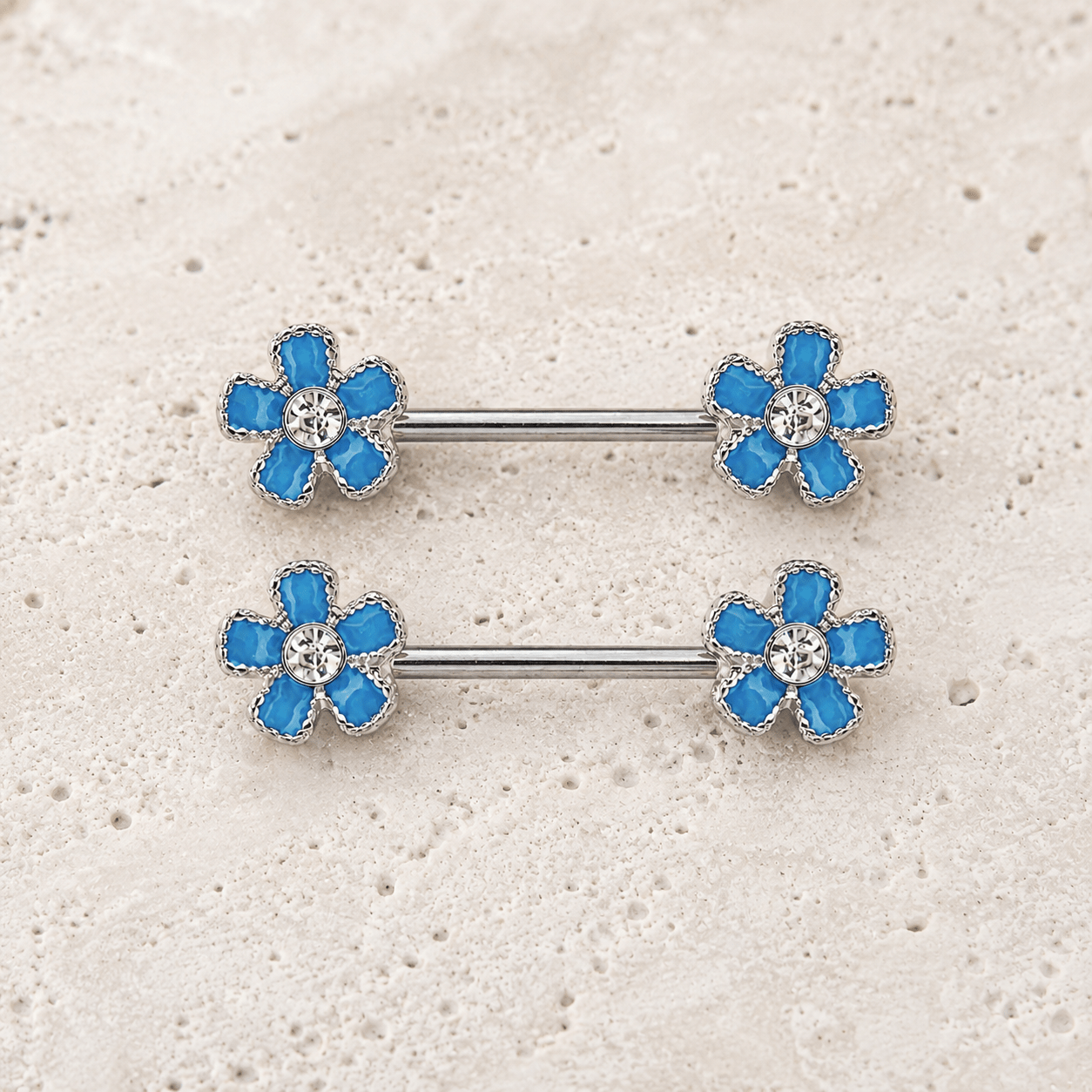Stainless Steel Jeweled Teal Blue Flower Nipple Bar - Skin Metals