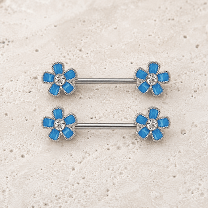 Stainless Steel Jeweled Teal Blue Flower Nipple Bar - Skin Metals