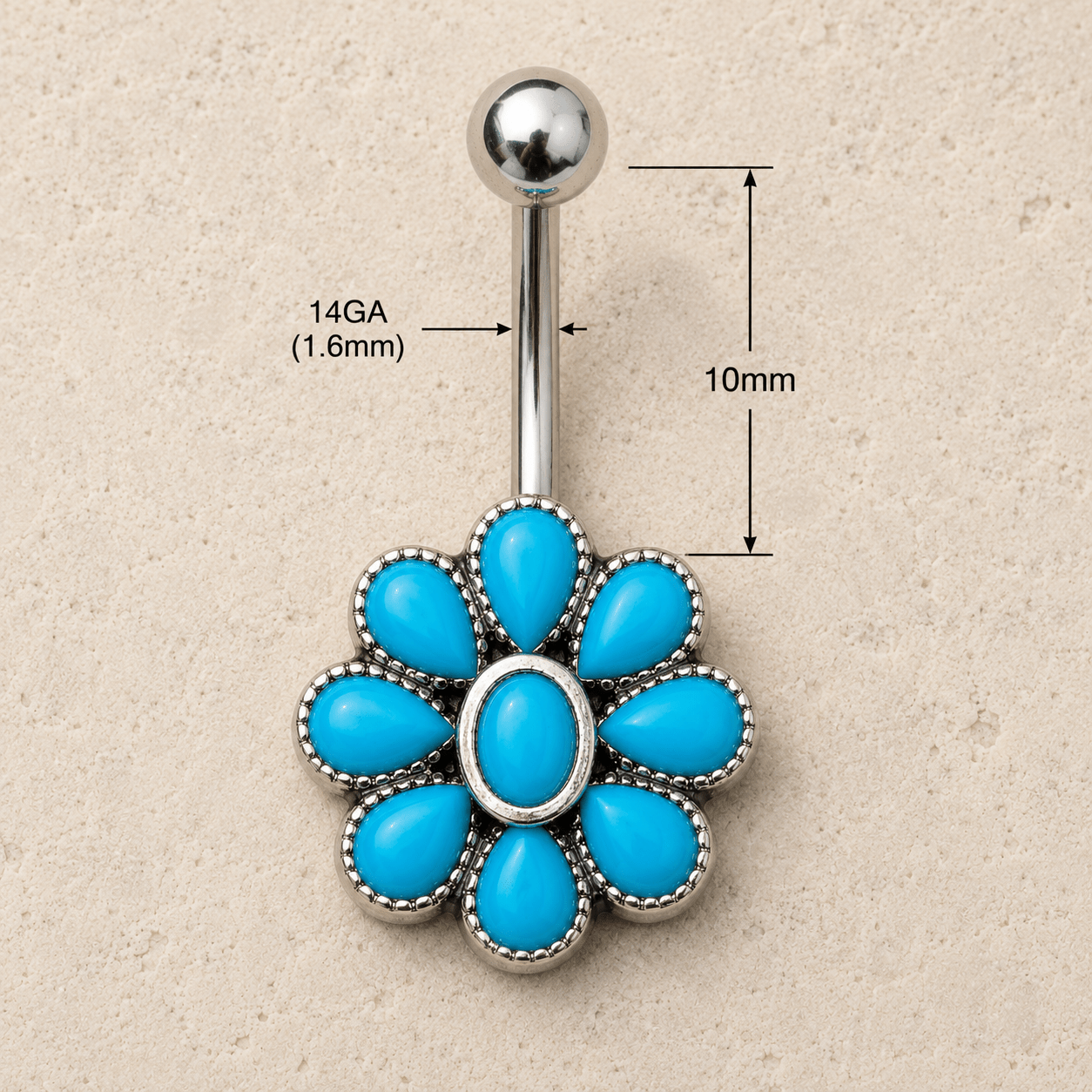 Teal blue flower navel ring 14G, enamel design 316L stainless steel belly button ring