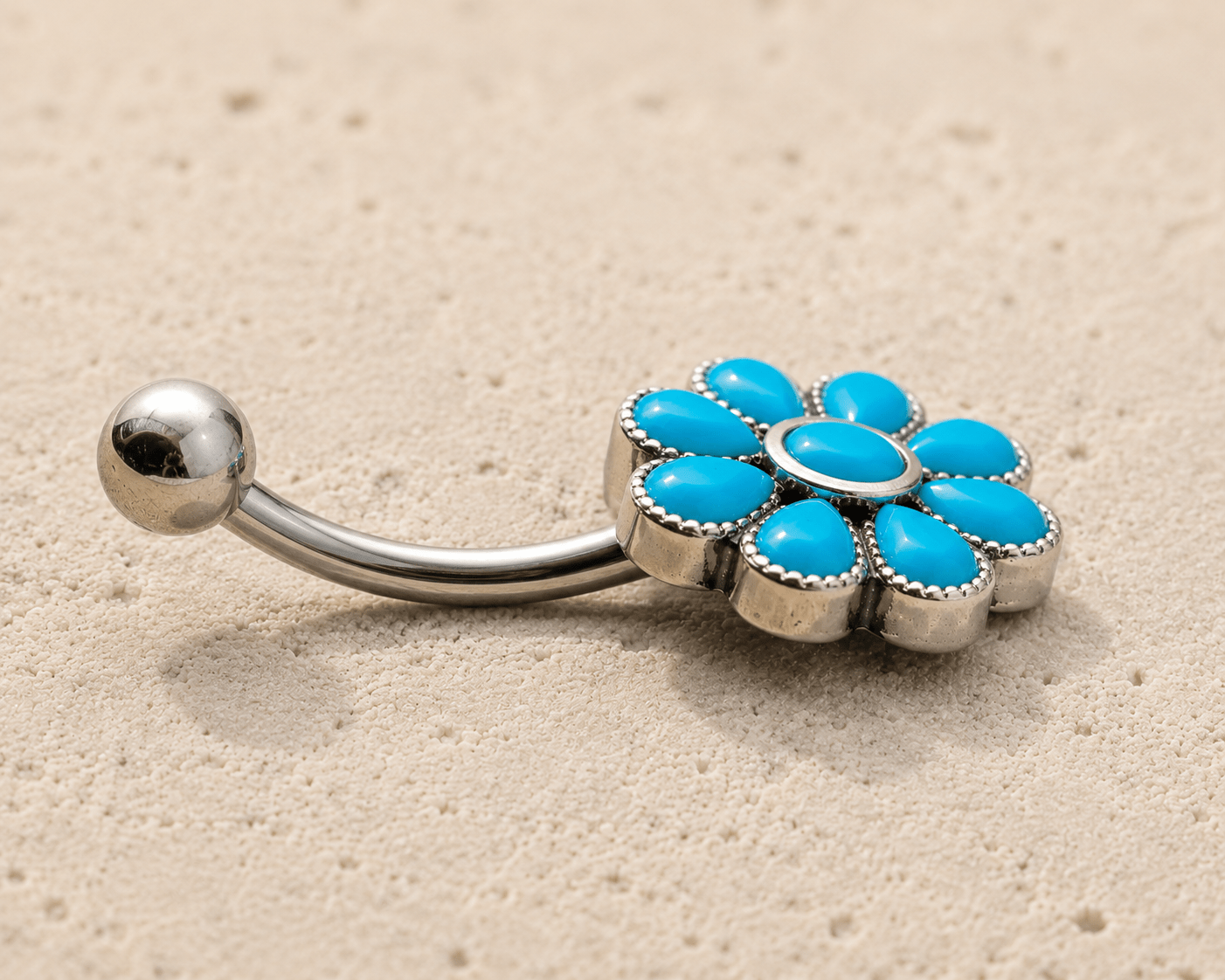 Teal blue flower navel ring 14G, enamel design 316L stainless steel belly button ring