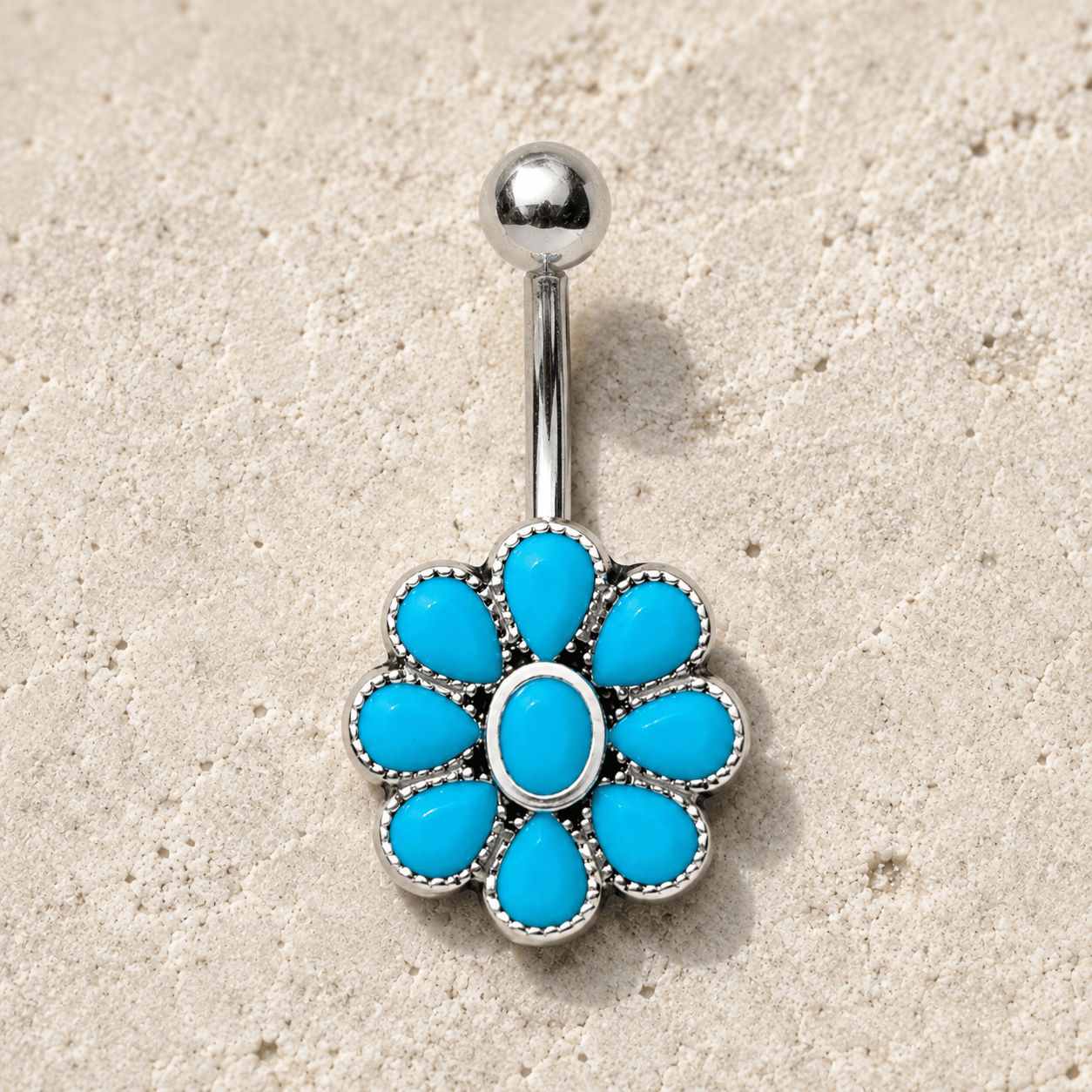 Teal blue flower navel ring 14G, enamel design 316L stainless steel belly button ring