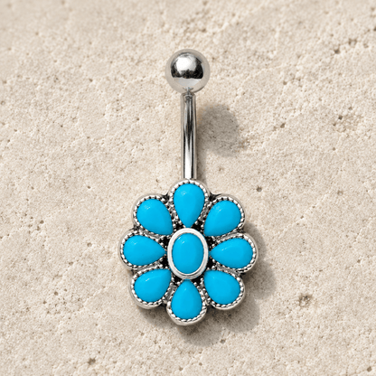 Teal blue flower navel ring 14G, enamel design 316L stainless steel belly button ring