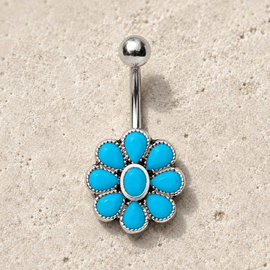 Teal blue flower navel ring 14G, enamel design 316L stainless steel belly button ring