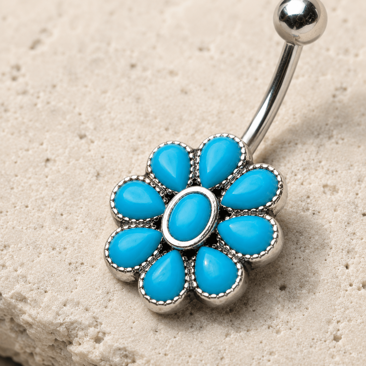Teal blue flower navel ring 14G, enamel design 316L stainless steel belly button ring