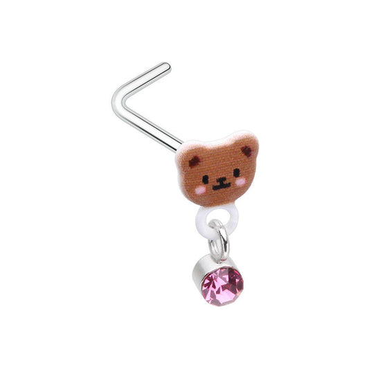 Teddy Bear Dangle Gem L-Shape Nose Ring Nose Ring Impulse Piercings 20 GA Length: 7mm