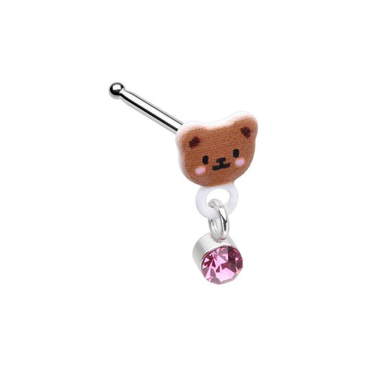 Teddy Bear Dangle Gem Nose Stud Ring Nose Ring Impulse Piercings 20 GA (0.8mm)/Pink