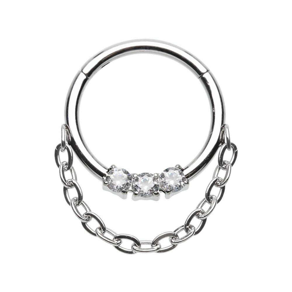 Three Gem Chain Dangle Steel Seamless Hinged Clicker Ring Clicker Ring Impulse Piercings 5/16" (8mm)