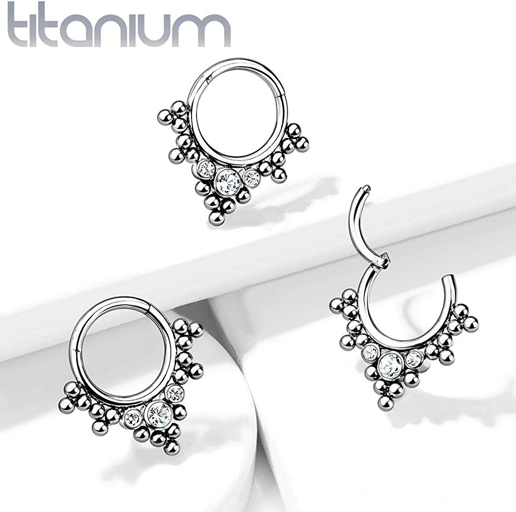 Titanium 3 Bezel Crystals and Clustered Tribal Beads Hinged Segment Hoop Ring Septum Impulse Piercings