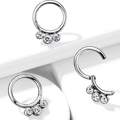 Titanium 3 Bezel Forward Facing Crystals Hinged Segment Hoop Ring Nose Ring Impulse Piercings