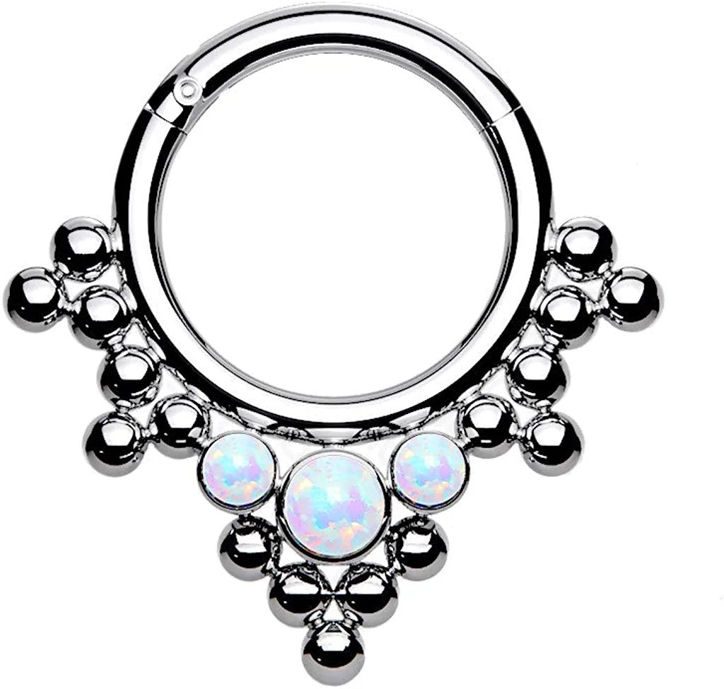 Titanium 3 Bezel Opals and Clustered Tribal Beads Hinged Segment Hoop Ring Septum Impulse Piercings White