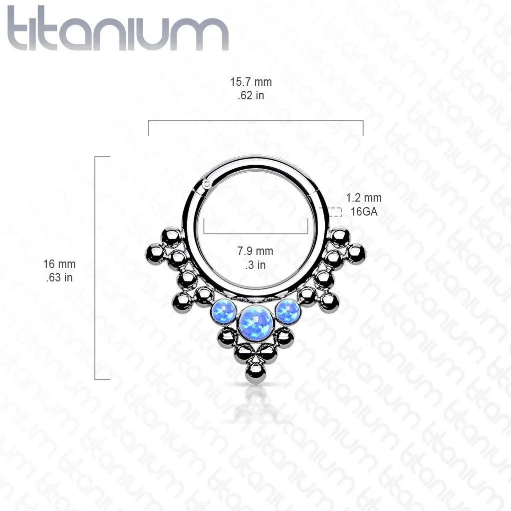 Titanium 3 Bezel Opals and Clustered Tribal Beads Hinged Segment Hoop Ring Septum Impulse Piercings