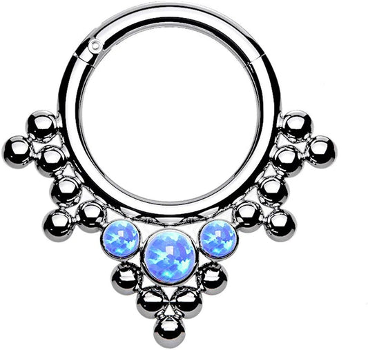 Titanium 3 Bezel Opals and Clustered Tribal Beads Hinged Segment Hoop Ring Septum Impulse Piercings Blue