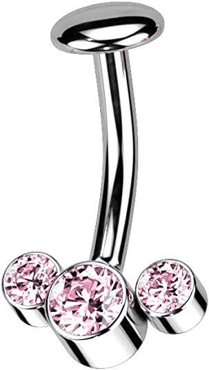 Titanium 3 Round Bezel CZ Curve With Threadless 5mm Convex Base Belly Navel Ring Navel Ring Impulse Piercings Pink