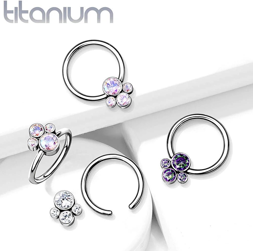 Titanium 4 Bezel CZ Cluster Captive Bead Rings Captive Bead Impulse Piercings