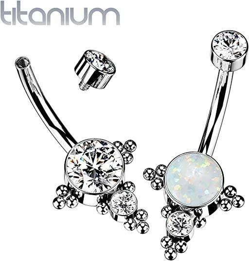 Titanium Bezel CZ Top With Bottom Opal, CZ Center and Trinity Ball Cluster Belly Navel Ring Navel Ring Impulse Piercings