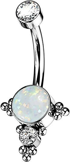 Titanium Bezel CZ Top With Bottom Opal, CZ Center and Trinity Ball Cluster Belly Navel Ring Navel Ring Impulse Piercings White