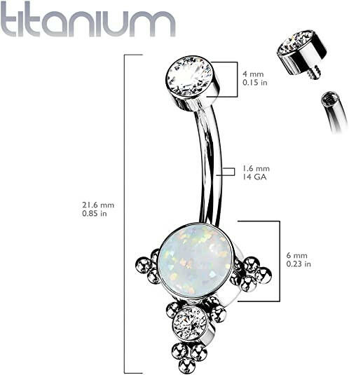 Titanium Bezel CZ Top With Bottom Opal, CZ Center and Trinity Ball Cluster Belly Navel Ring Navel Ring Impulse Piercings