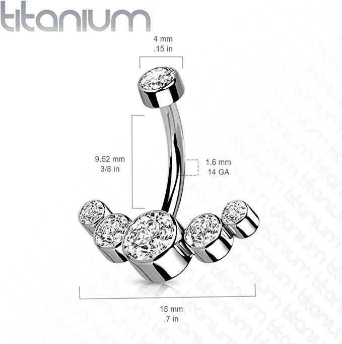 Titanium CZ Bezel Top With 5-CZ Curved Line With Threaded Belly Navel Ring Navel Ring Impulse Piercings