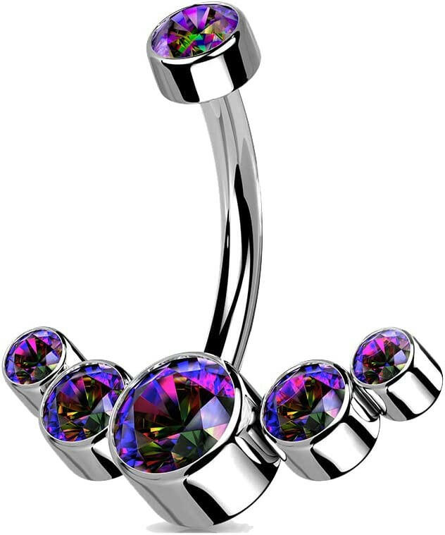 Titanium CZ Bezel Top With 5-CZ Curved Line With Threaded Belly Navel Ring Navel Ring Impulse Piercings Vitrail Medium