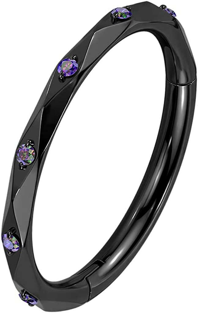 Titanium Hinged Segment Lined With CZ Accented Diamond Faceted Cuts Hoop Ring Cartilage Impulse Piercings 16GA Length: 8mm Black