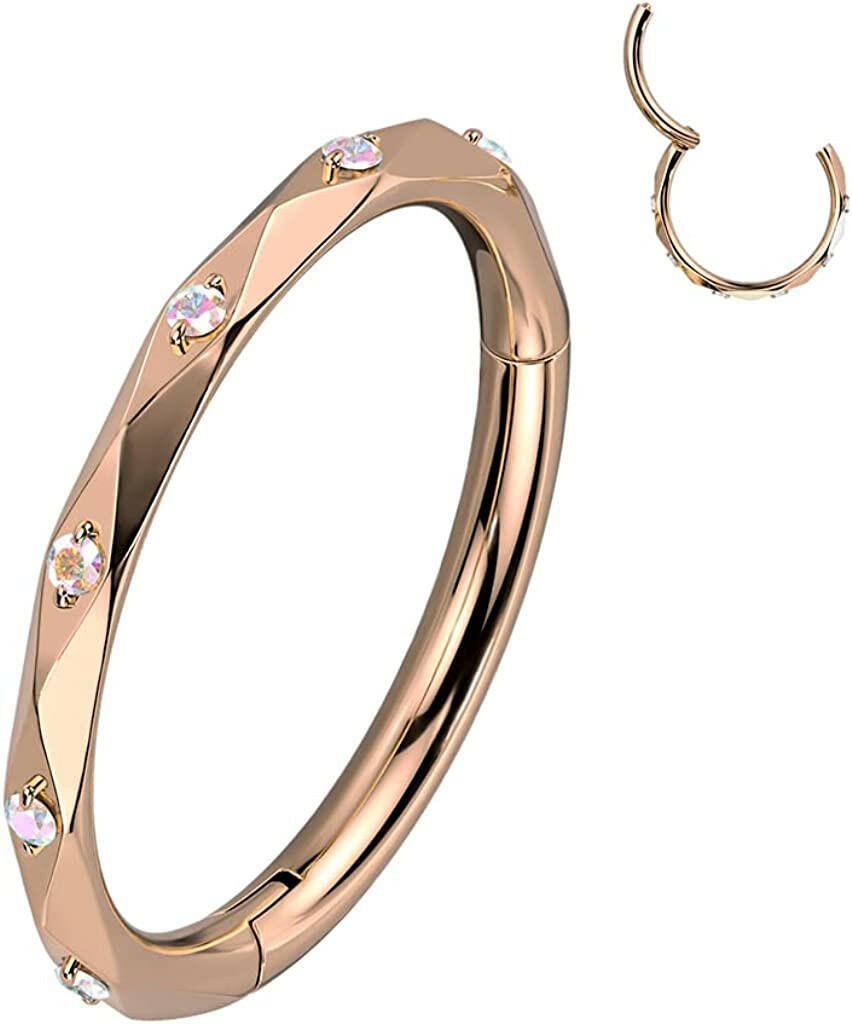 Titanium Hinged Segment Lined With CZ Accented Diamond Faceted Cuts Hoop Ring Cartilage Impulse Piercings 16GA Length: 8mm Rose Gold