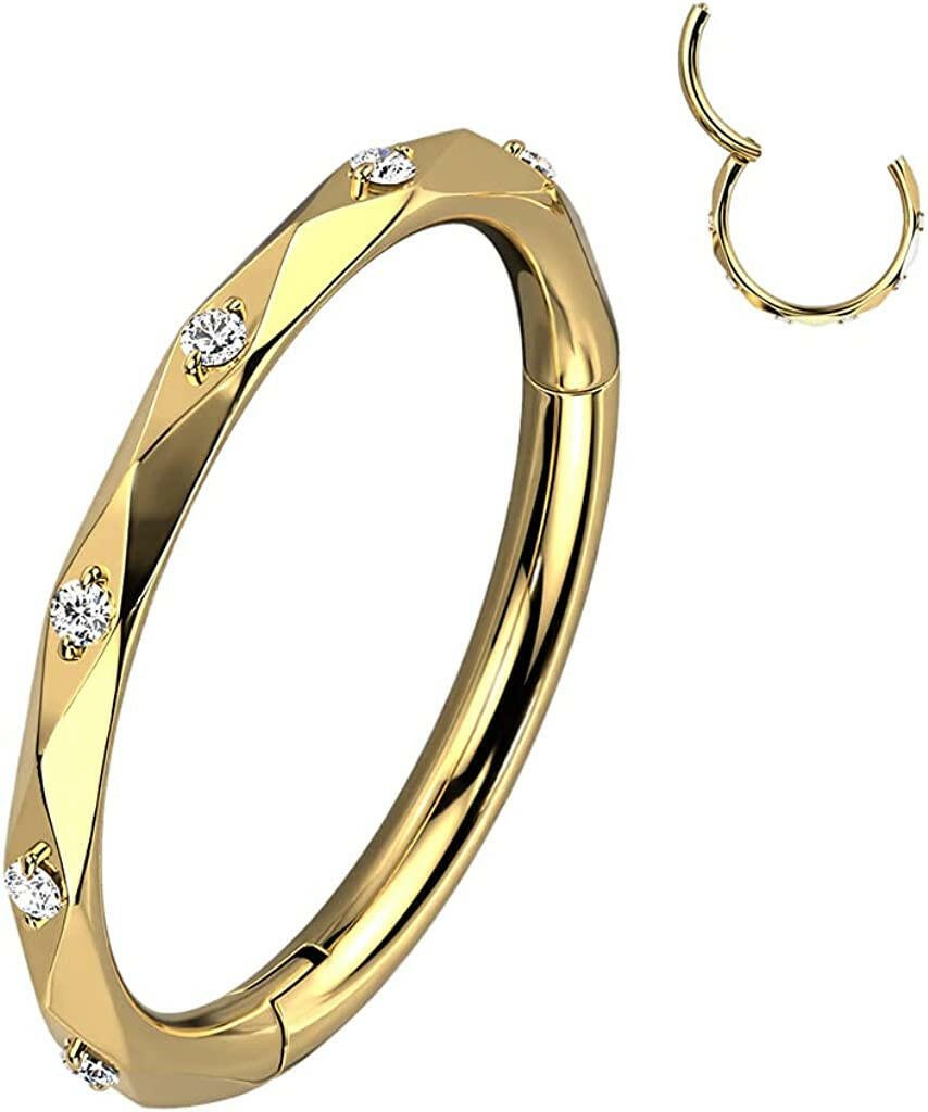 Titanium Hinged Segment Lined With CZ Accented Diamond Faceted Cuts Hoop Ring Cartilage Impulse Piercings 16GA Length: 8mm Gold