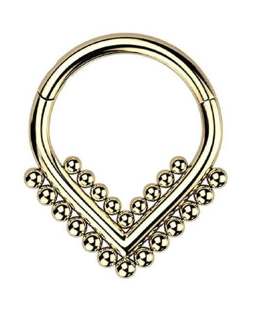 Titanium Hinged Segment With Double Beaded Ball Line Chevron Hoop Ring Cartilage Impulse Piercings 16GA Length: 8mm Gold