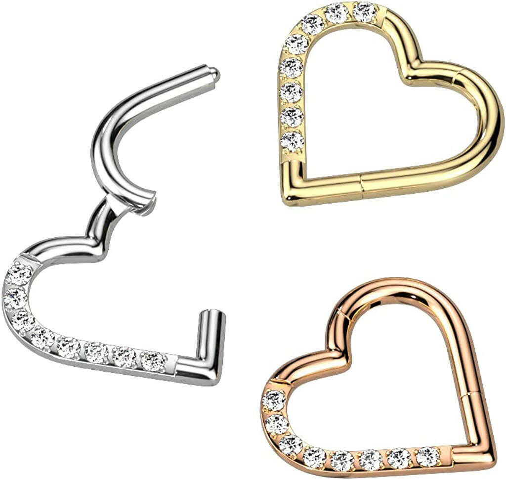 Titanium Hinged Segment With Half Pave CZ Heart Hoop Ring Cartilage Impulse Piercings