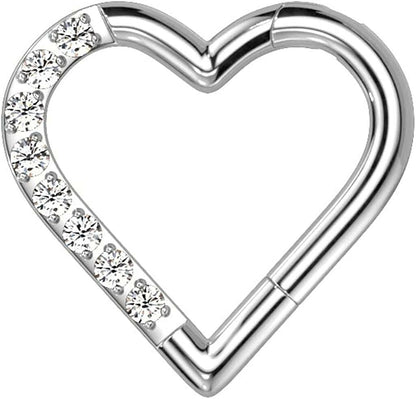 Titanium Hinged Segment With Half Pave CZ Heart Hoop Ring Cartilage Impulse Piercings Clear