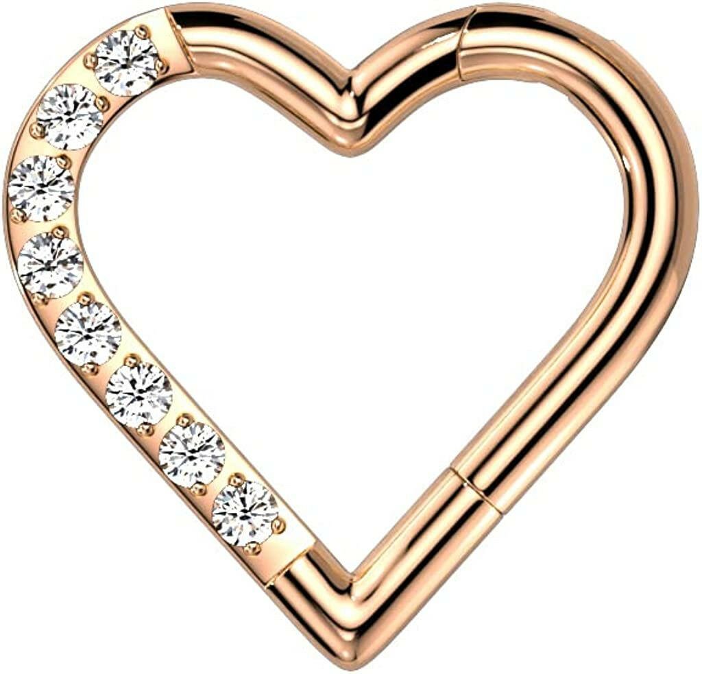 Titanium Hinged Segment With Half Pave CZ Heart Hoop Ring Cartilage Impulse Piercings Rose Gold