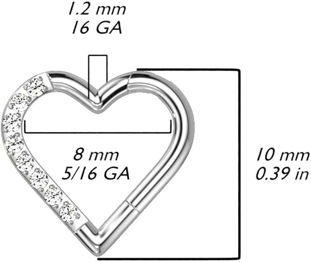 Titanium Hinged Segment With Half Pave CZ Heart Hoop Ring Cartilage Impulse Piercings