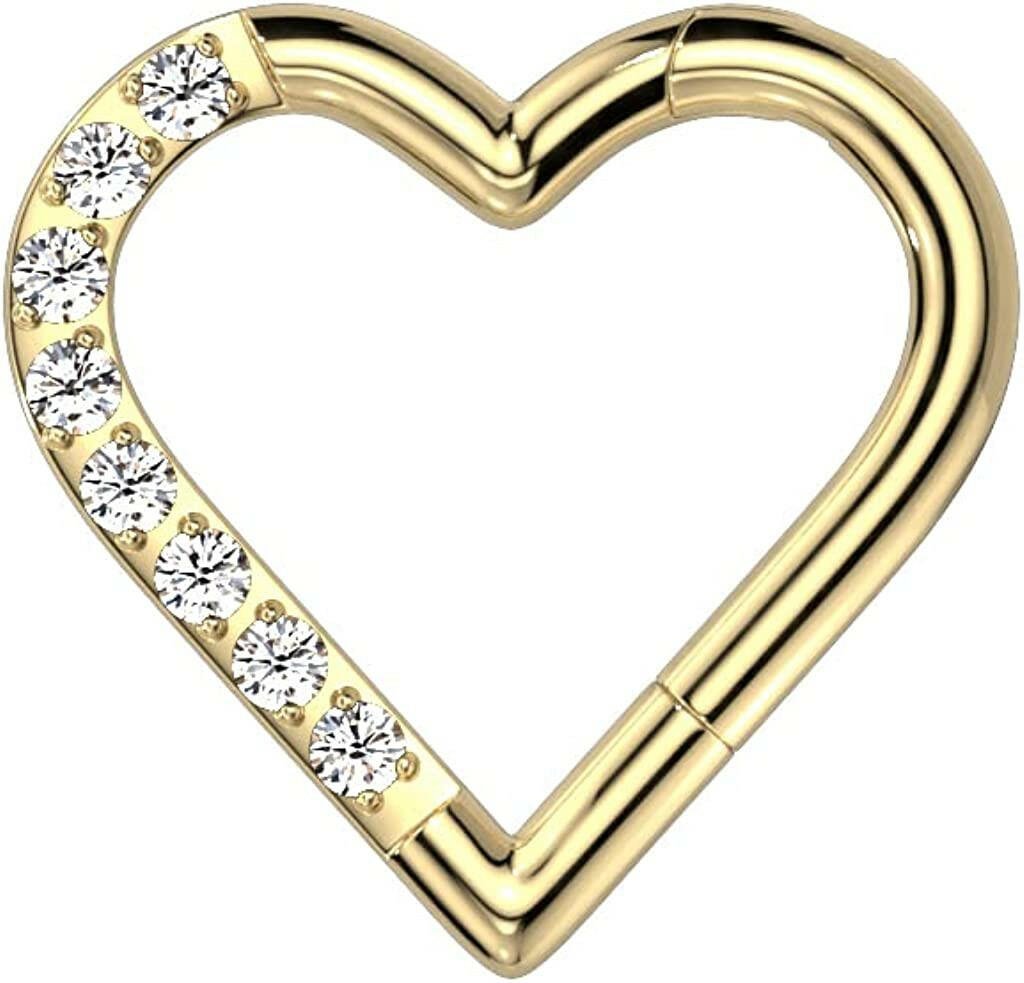 Titanium Hinged Segment With Half Pave CZ Heart Hoop Ring Cartilage Impulse Piercings Gold