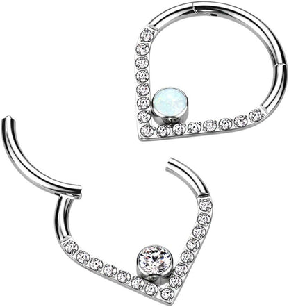 Titanium Hinged Segment With Pave CZ Single Line Chevron and CZ or Opal Center Hoop Ring Cartilage Impulse Piercings