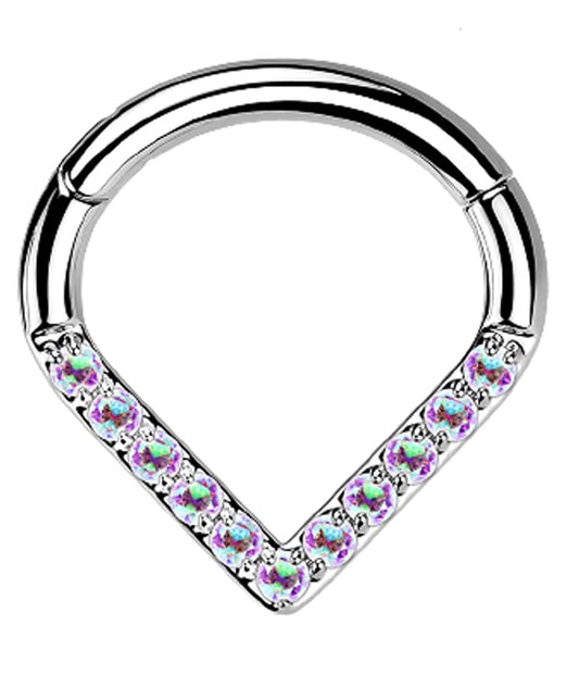 Titanium Hinged Segment With Pave CZ Single Line Chevron Hoop Ring Nose Ring, cartilage ring Impulse Piercings Aurora Borealis