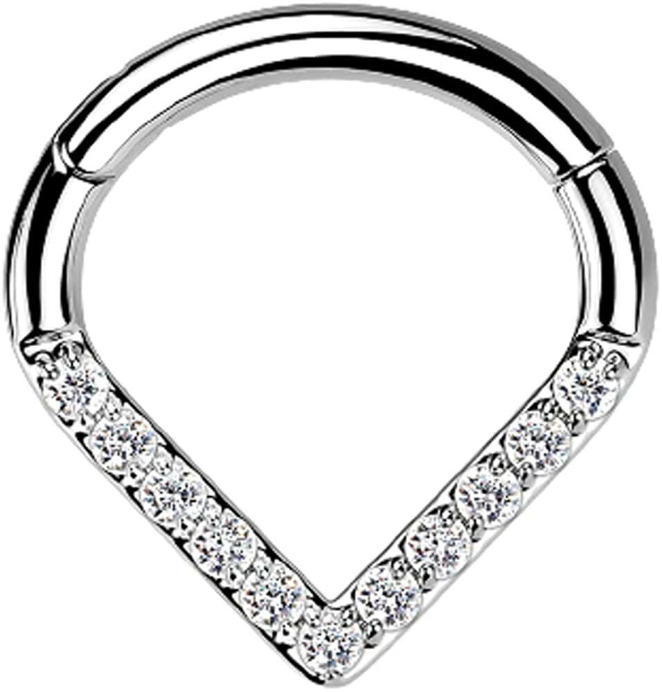 Titanium Hinged Segment With Pave CZ Single Line Chevron Hoop Ring Nose Ring, cartilage ring Impulse Piercings Clear