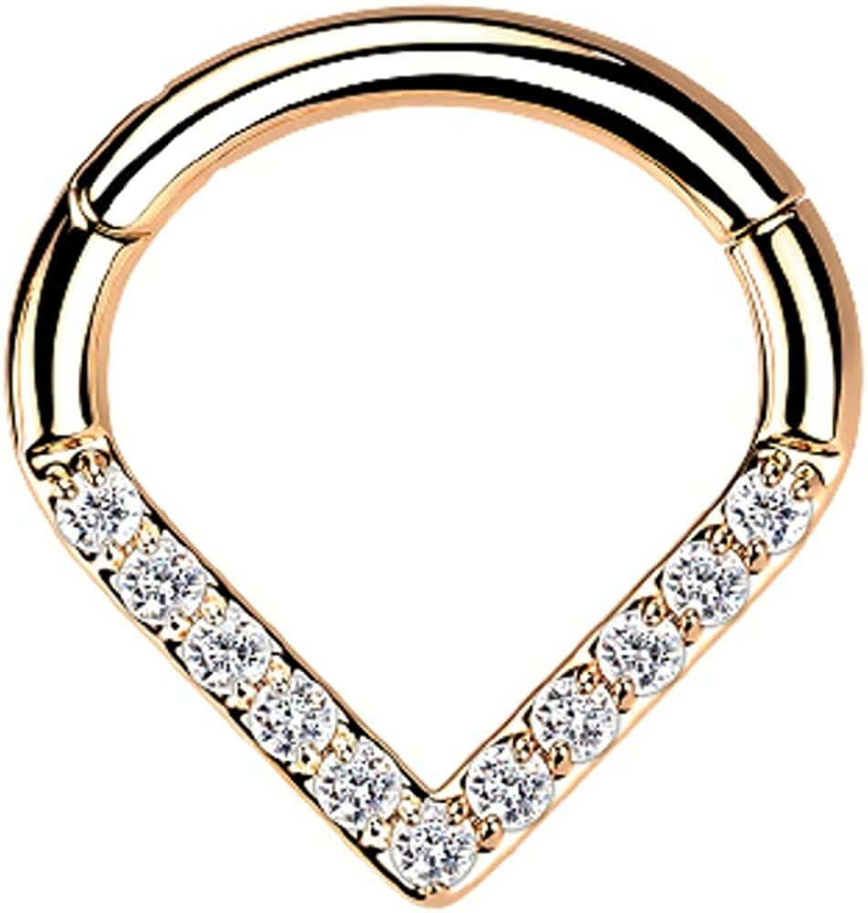 Titanium Hinged Segment With Pave CZ Single Line Chevron Hoop Ring Nose Ring, cartilage ring Impulse Piercings Rose Gold