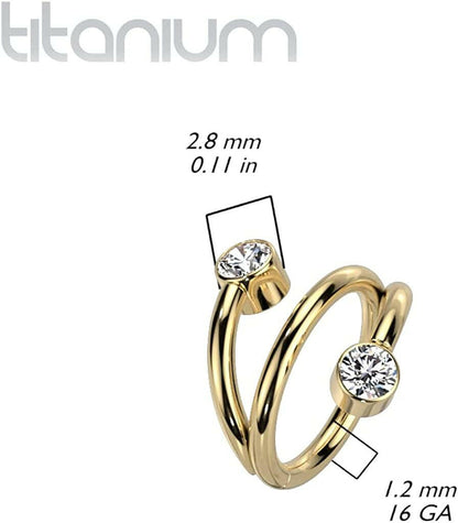 Titanium Hinged Segment With With Double Line and Round CZ Ends Hoop Ring Cartilage Impulse Piercings