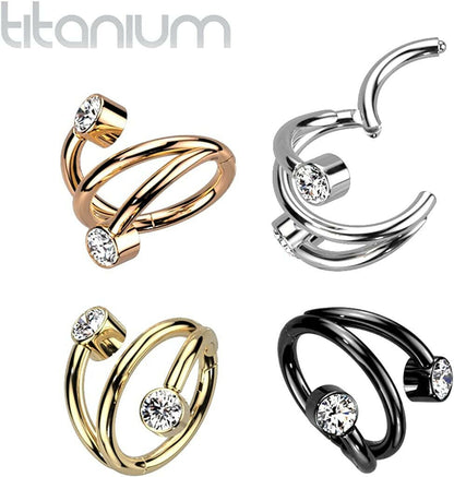 Titanium Hinged Segment With With Double Line and Round CZ Ends Hoop Ring Cartilage Impulse Piercings