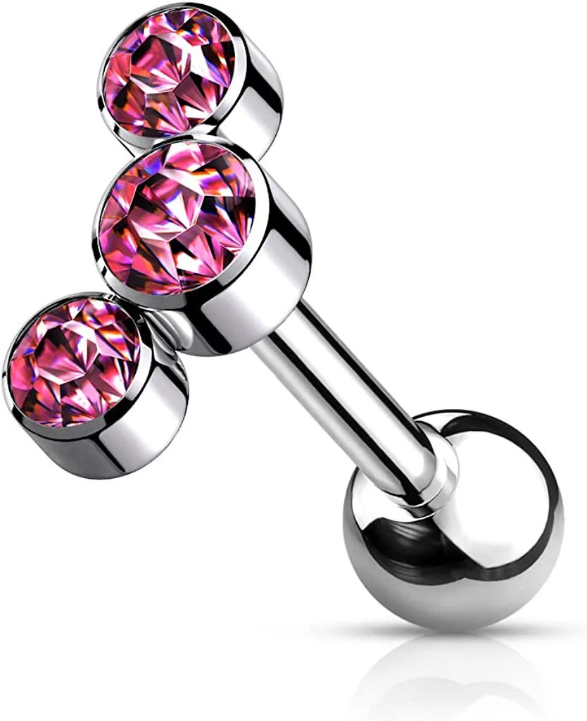 Titanium Internally Threaded 3-Bezel Round Austrian Crystal Top Cartilage Barbell Cartilage Impulse Piercings Pink