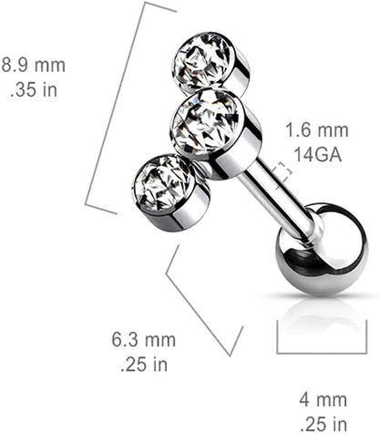 Titanium Internally Threaded 3-Bezel Round Austrian Crystal Top Cartilage Barbell Cartilage Impulse Piercings