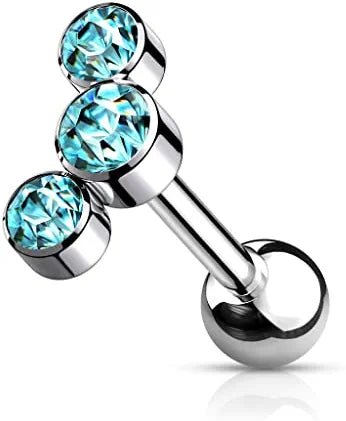 Titanium Internally Threaded 3-Bezel Round Austrian Crystal Top Cartilage Barbell Cartilage Impulse Piercings Aqua