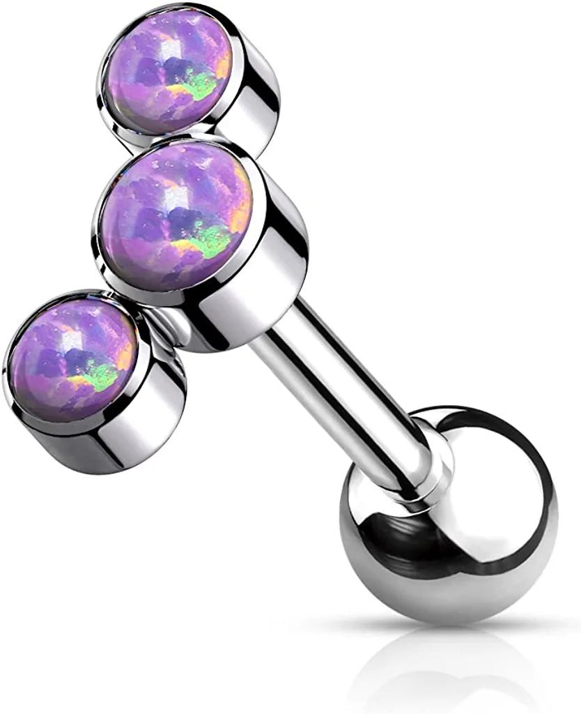 Titanium Internally Threaded 3-Bezel Round Opal Top Cartilage Barbell Cartilage Earring Impulse Piercings Purple