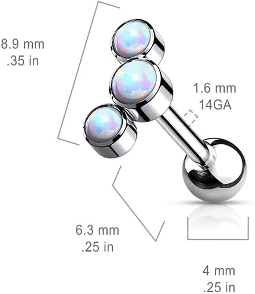 Titanium Internally Threaded 3-Bezel Round Opal Top Cartilage Barbell Cartilage Earring Impulse Piercings