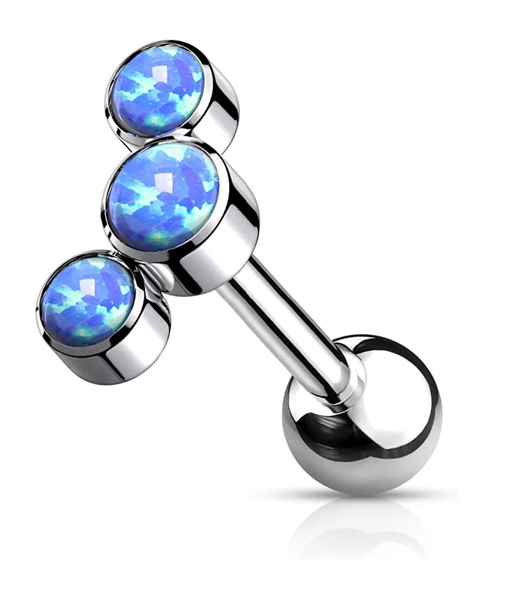 Titanium Internally Threaded 3-Bezel Round Opal Top Cartilage Barbell Cartilage Earring Impulse Piercings Blue