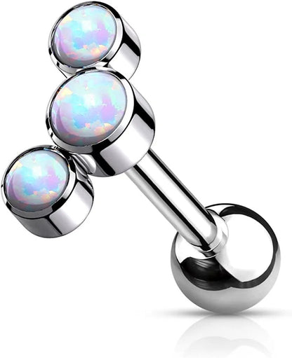 Titanium Internally Threaded 3-Bezel Round Opal Top Cartilage Barbell Cartilage Earring Impulse Piercings White