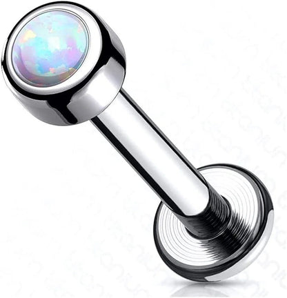 Titanium Internally Threaded Bezel Round Opal Top Labret Labret Impulse Piercings White