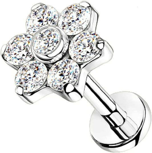 Titanium Internally Threaded CZ Flower Top With Bezel Center Petals Labret Labret Impulse Piercings 16GA Length: 6mm Clear