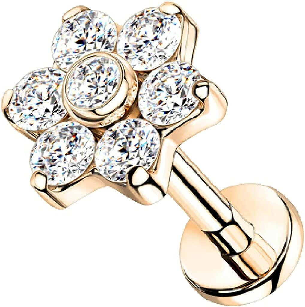 Titanium Internally Threaded CZ Flower Top With Bezel Center Petals Labret Labret Impulse Piercings 16GA Length: 6mm Rose Gold