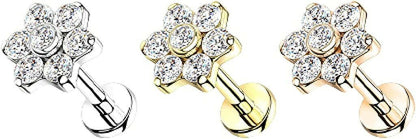 Titanium Internally Threaded CZ Flower Top With Bezel Center Petals Labret Labret Impulse Piercings