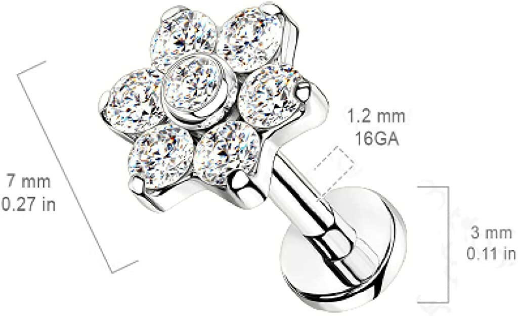 Titanium Internally Threaded CZ Flower Top With Bezel Center Petals Labret Labret Impulse Piercings